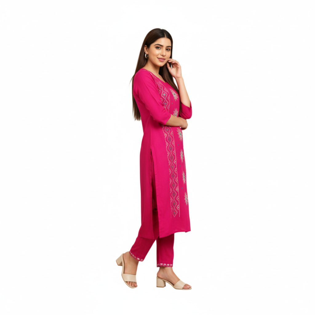 Embroidered Pink Cotton Kurta Pant Set for Women (Copy) 2 Embroidered Pink Cotton Kurta Pant Set for Women (Copy) - Image 2