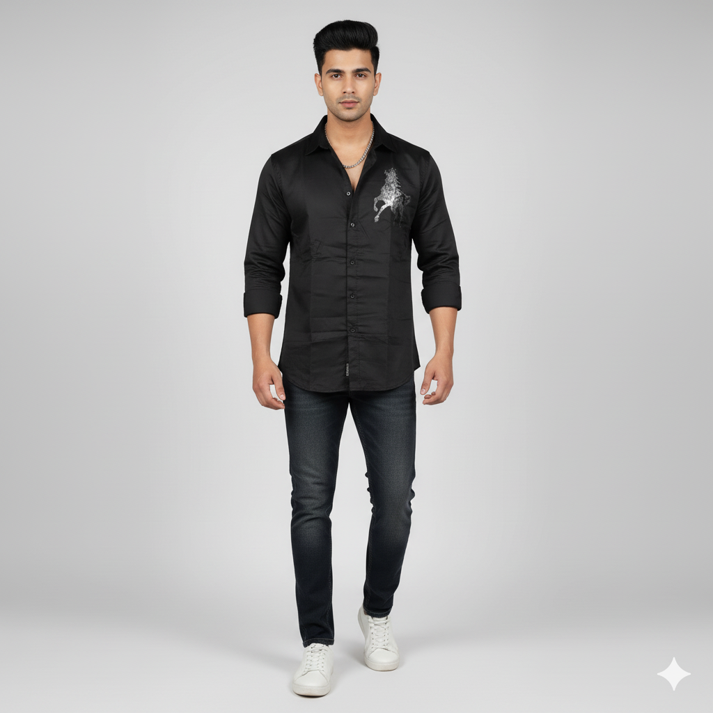 Men’s Black Classic Shirt with Horse Logo on Left Side – Stylish Casual Wear 1 Men’s Black Classic Shirt with Horse Logo on Left Side – Stylish Casual Wear