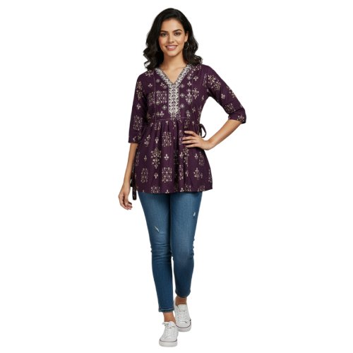 Women’s Wine Floral Printed Kurti Top with Lace Embroidary 1 Women’s Wine Floral Printed Kurti Top with Lace Embroidary