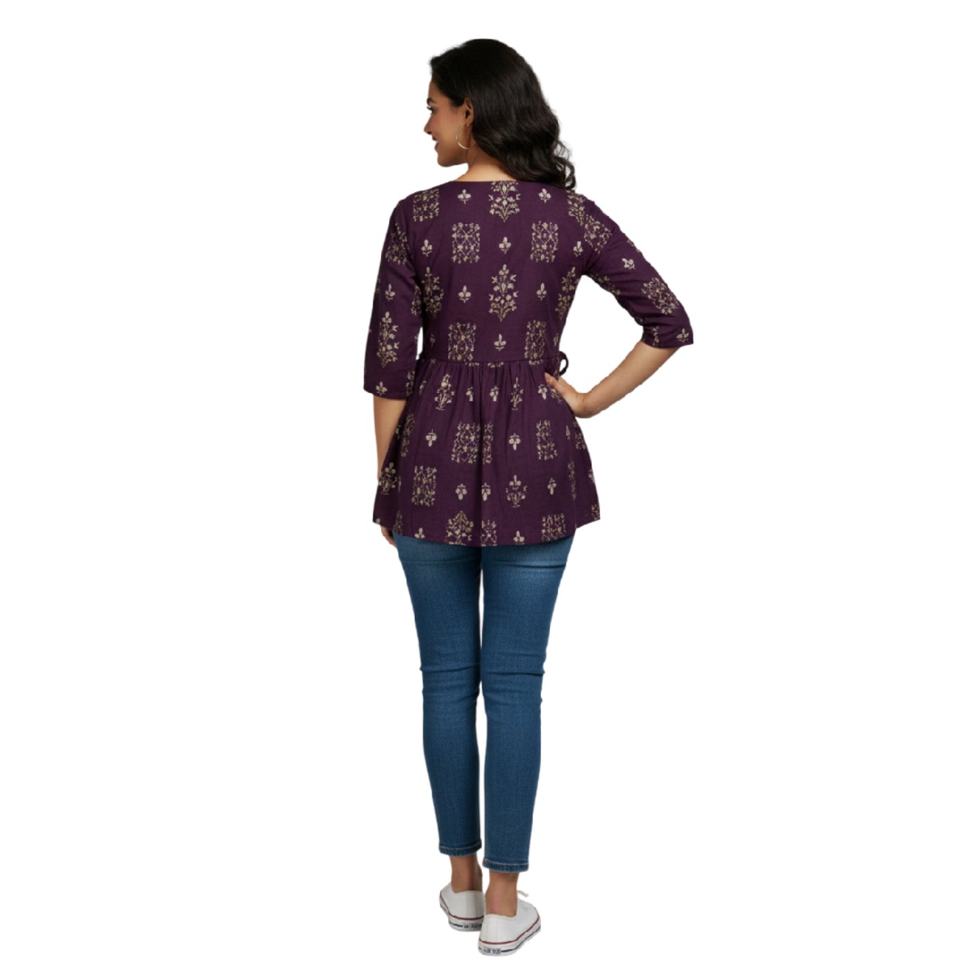 Women’s Wine Floral Printed Kurti Top with Lace Embroidary 2 Women’s Wine Floral Printed Kurti Top with Lace Embroidary - Image 2